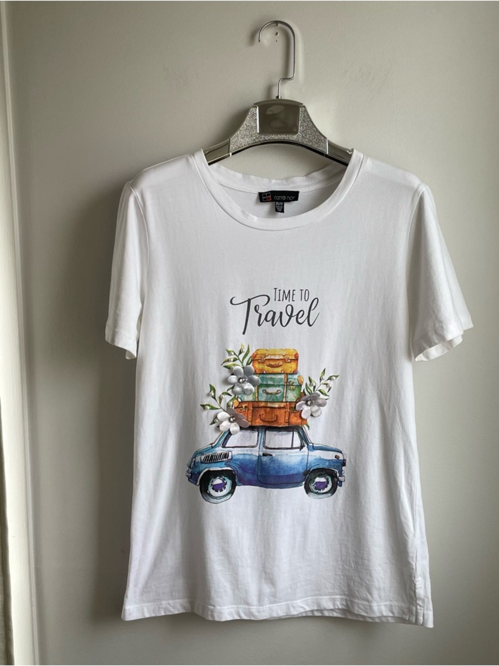 White T-shirt 100% Organic Cotton Time to Travel w/Flowers and Beads XS